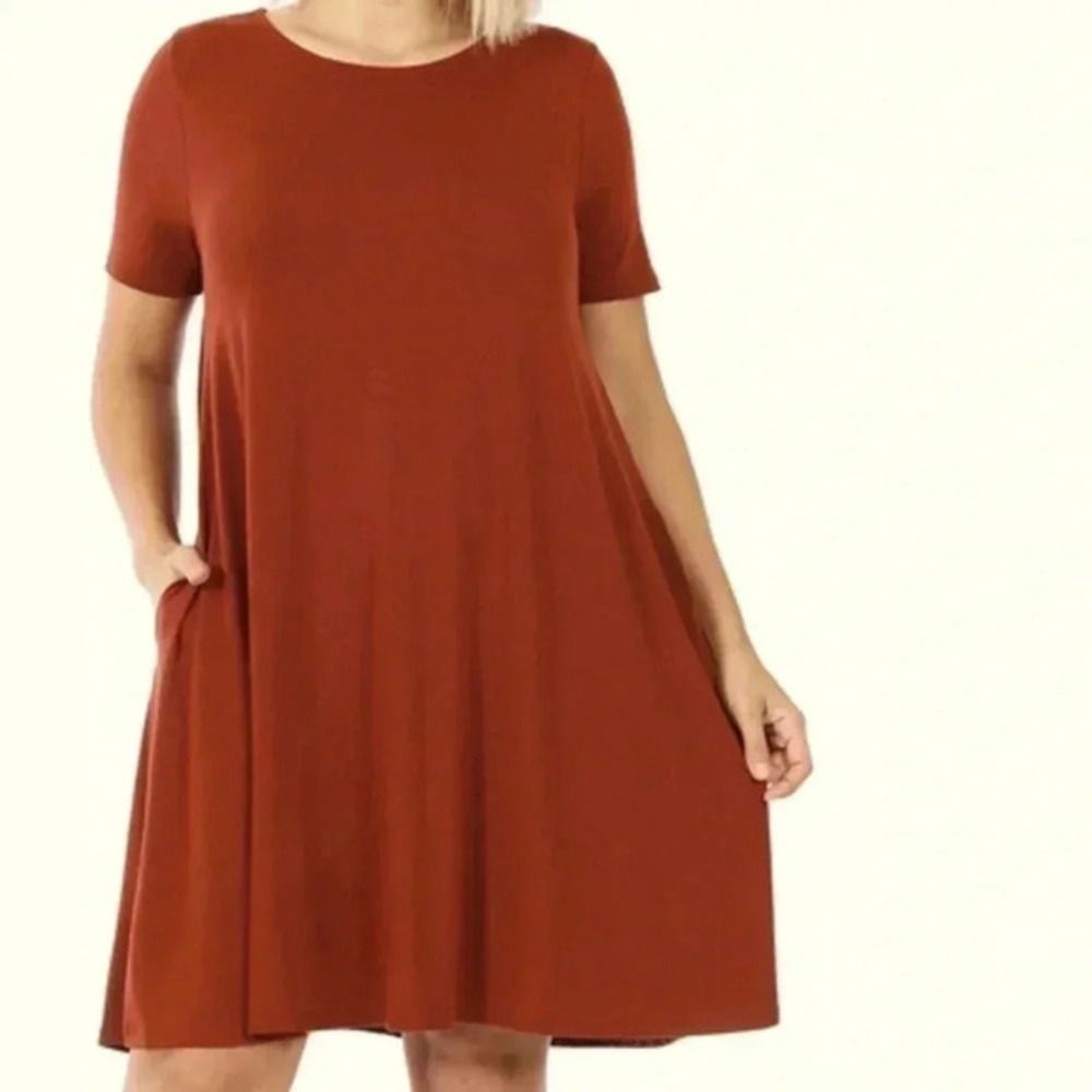 Zenana plus size, A-line dress, short sleeve, rust color, side pockets, nwt